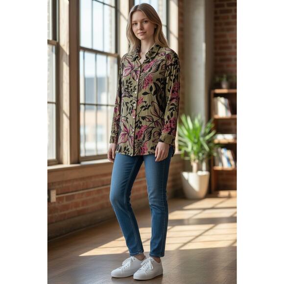 Soft Surroundings Velvet Green & Pink Floral Button Down Shirt-Sz M Glam-Mature - Picture 6 of 6